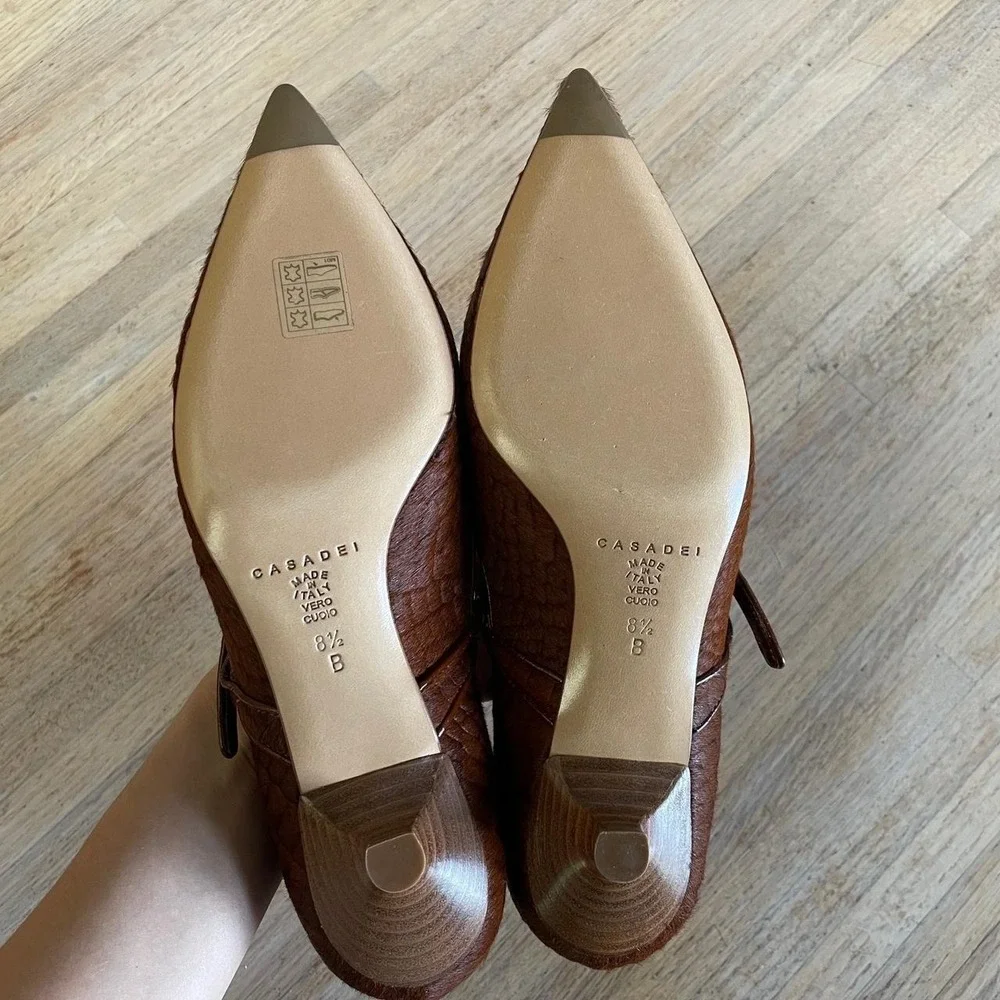 NIB Vintage Y2K Casadei Brown Gator Print Pony Hair Pointed Kitten Heels Sz‎ 8.5 - Picture 5 of 8